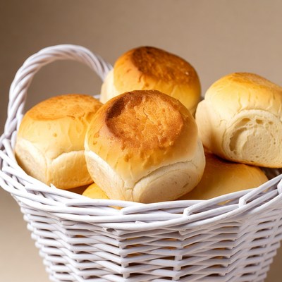 Fresh Dinner Rolls in White Basket