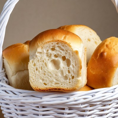 Fresh bread rolls in white basket