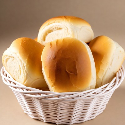 Fresh bread rolls in white basket