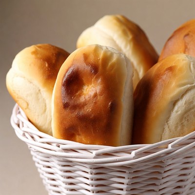 Fresh bread rolls in white basket