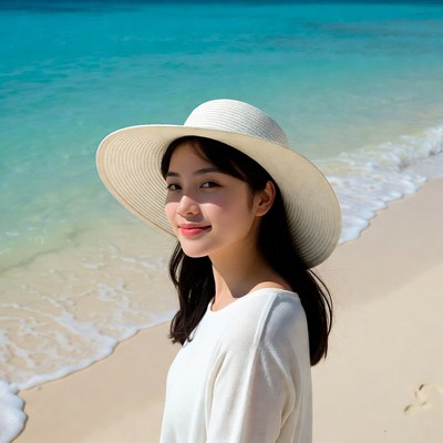Asian woman in wide hat on beach