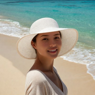 Asian woman in white hat on beach