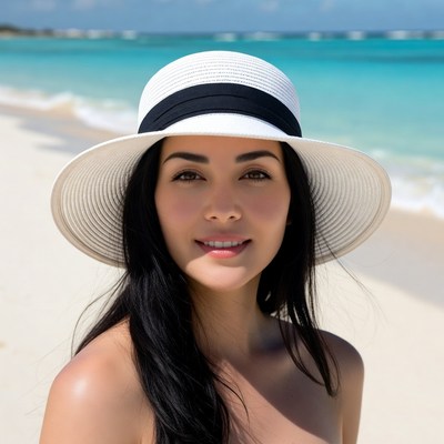 Asian woman in white hat on beach