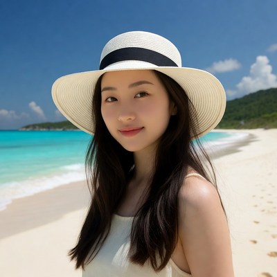Asian woman in straw hat on beach