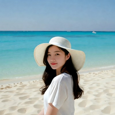 Asian woman in wide hat on beach