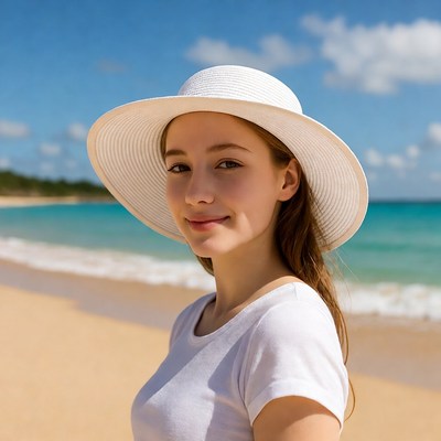 Young woman in white hat on beach