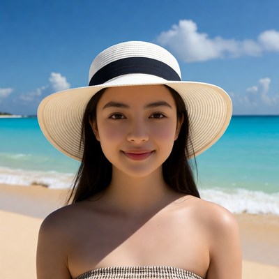 Asian girl in straw hat at beach