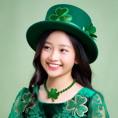 Asian girl in green shamrock hat