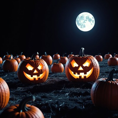 Jack-o'-lanterns under full moon