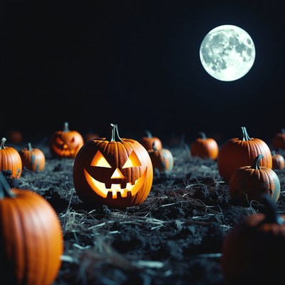 Lit Jack-o-Lanterns Under Full Moon