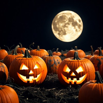 Jack-o'-lanterns under full moon