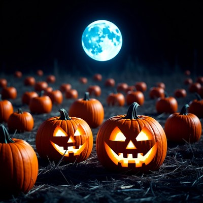 Jack-o'-lanterns under blue Halloween moon