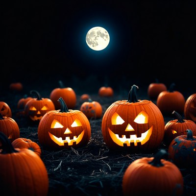 Jack-o'-lanterns under full moon