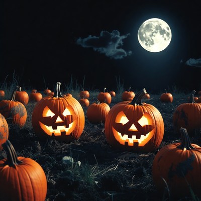 Jack-o'-lanterns in pumpkin patch under moon