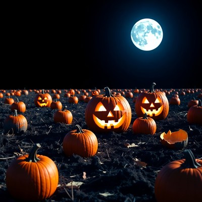 Jack-o'-lanterns in pumpkin patch under full moon