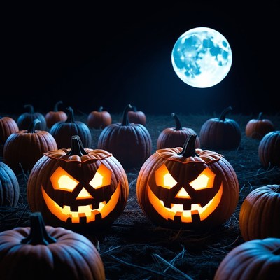 Two Jack-o-Lanterns with Full Moon