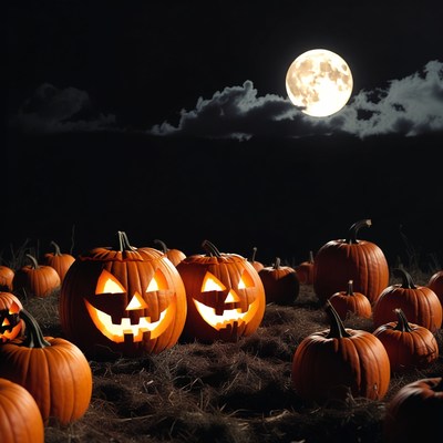 Jack-o'-lanterns under full moon