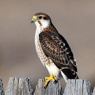 Falcon perched on wooden fence