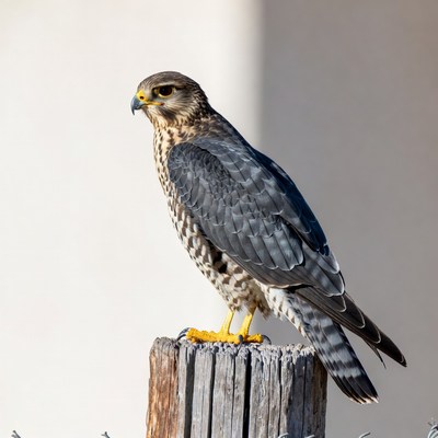 Falcon perched on wooden stump