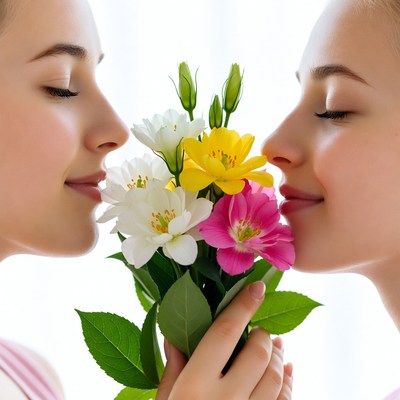 Two women smelling colorful bouquet