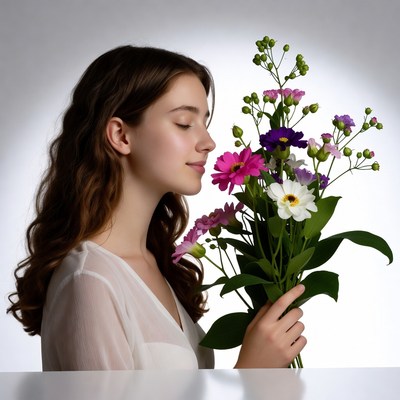 Young woman smelling colorful flowers