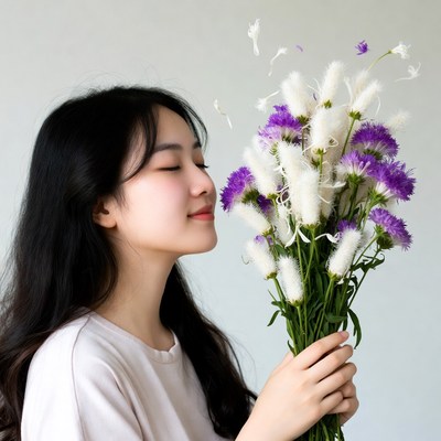 Asian woman smelling white purple flowers