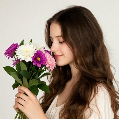 Young woman smelling colorful flowers