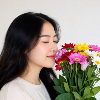 Asian woman smelling colorful flowers