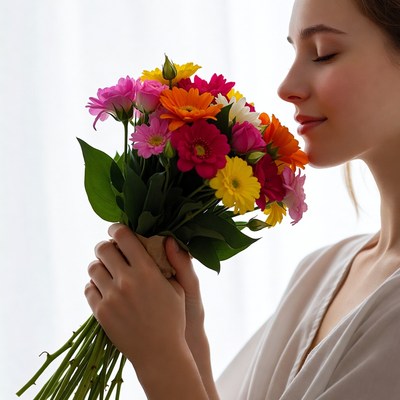 Woman smelling colorful bouquet