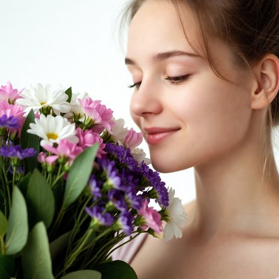Woman smelling colorful daisies
