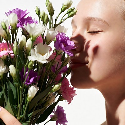 Woman smelling colorful flowers
