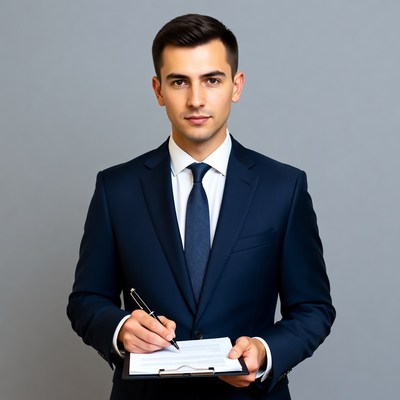Man writing on clipboard in suit