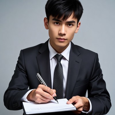 Asian man writing in suit