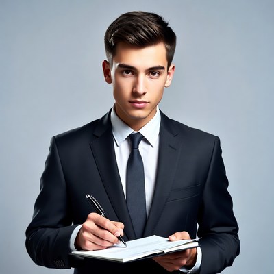 Young man writing in notebook
