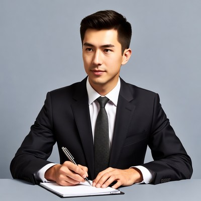 Asian man writing in suit