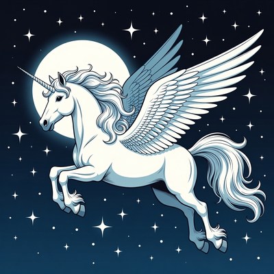 Winged Unicorn Flying Under Moon