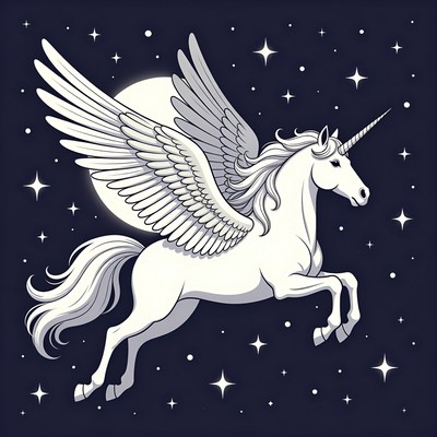 Winged Unicorn Flying in Night Sky