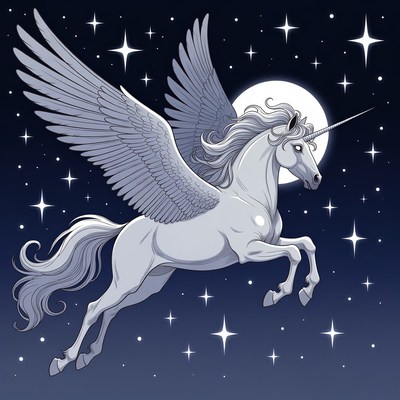 Pegasus Unicorn Flying in Starry Night