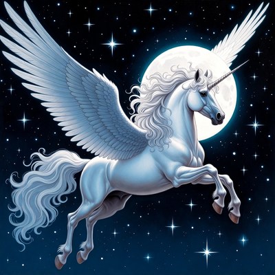 Winged Unicorn Flying Under Moon