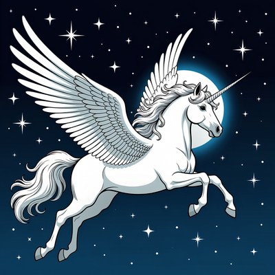 Winged Unicorn Flying in Starry Night