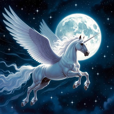 Flying Winged Unicorn Under Moon