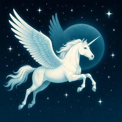 Winged Unicorn Flying in Starry Sky