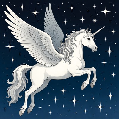 Winged Unicorn Flying in Starry Sky