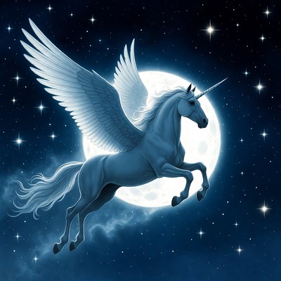 Winged Unicorn Flying Over Moon