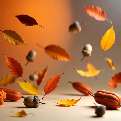 Falling Autumn Leaves and Acorns
