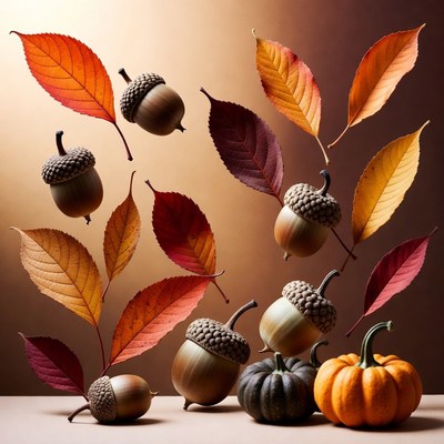 Falling Acorns Leaves Pumpkins Autumn