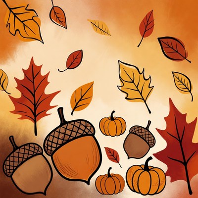 Falling Autumn Leaves Acorns Pumpkins
