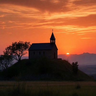 Silhouette Church on Hill at Sunset