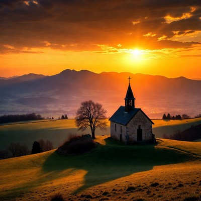 Chapel on hill at sunset