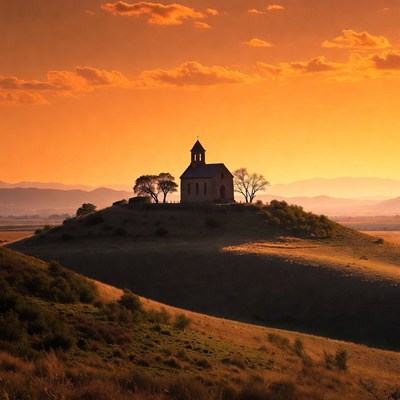 Small Church on Hill at Sunset